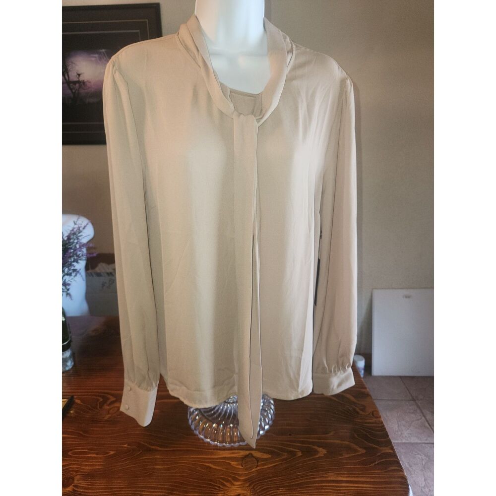 NWT Forever 21 Sheer Nude Long Sleeve Blouse Womens Size L Large Tie Neck Top